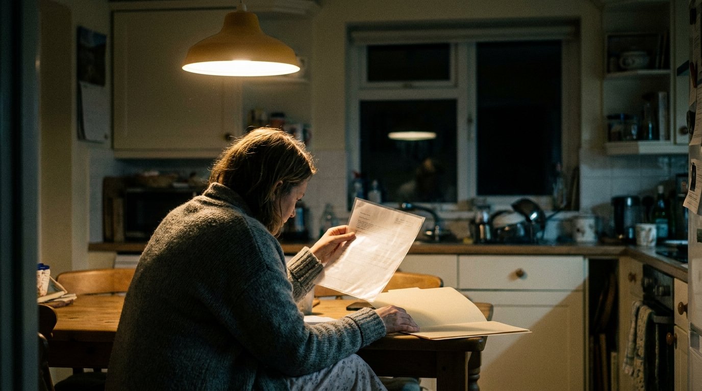 Woman reading paper at table 202608310926